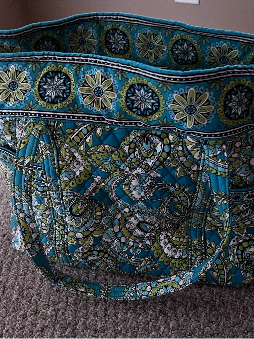 Vera Bradley Turquoise Paisley Quilted Tote with Green and White Accents